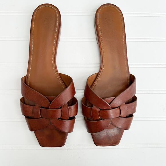 Saint Laurent Tribute Sandal Flat Mules Brown Tan Ambra Slides Smooth Leather - Picture 1 of 8